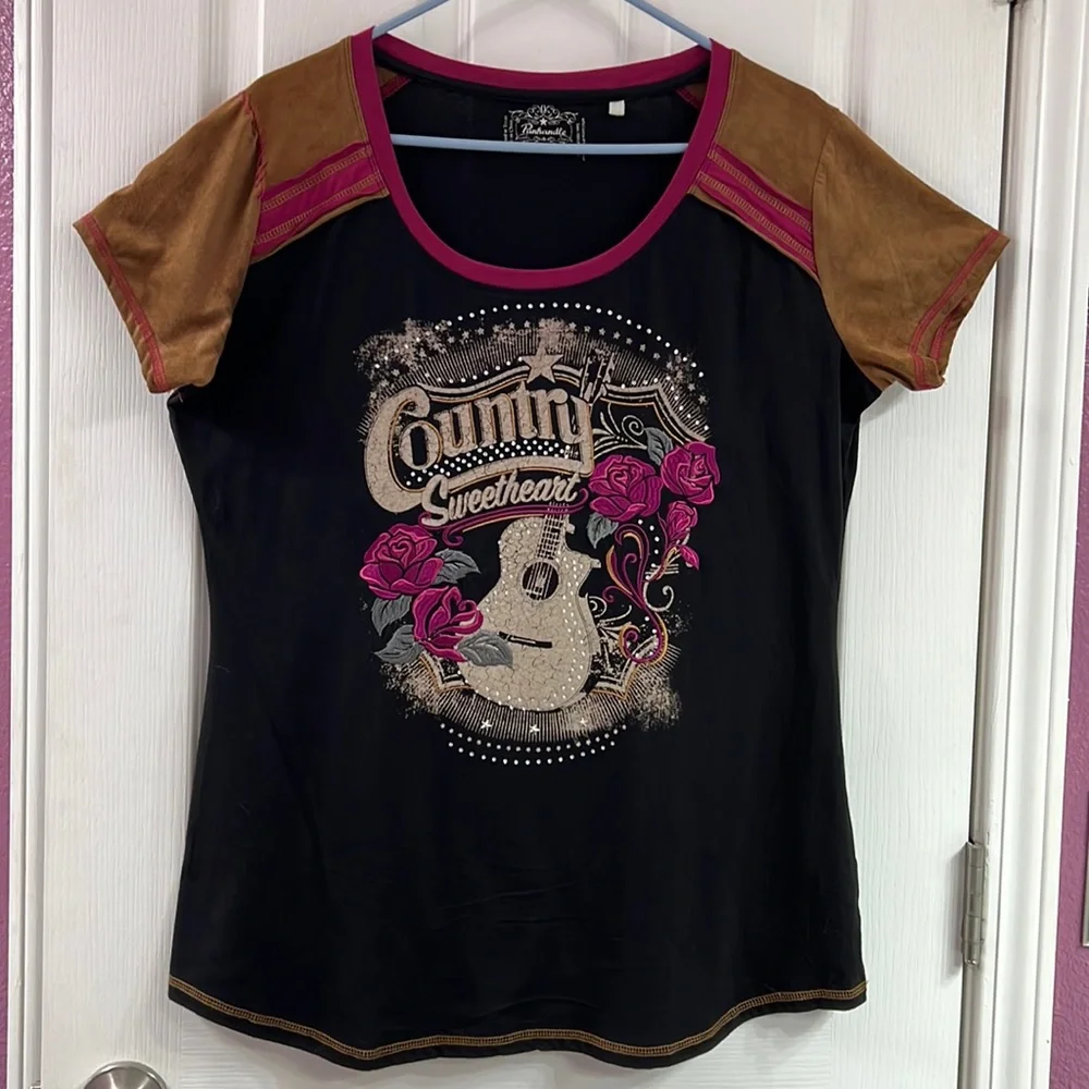 Country Sweetheart Black Short Sleeve Tee with Pink Accents - Picture 1 of 8
